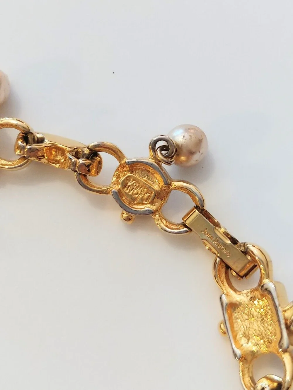Vintage Joan Rivers Goldtone Faux Pearl and Rhinestone Link Bracelet